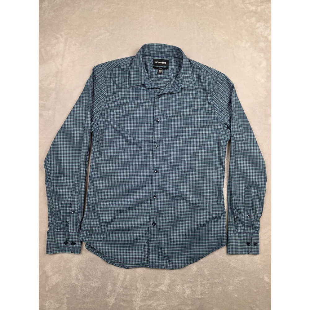 Bonobos Button Up Shirt Mens Medium Green Plaid Slim Fit Long Sleeve Stretch